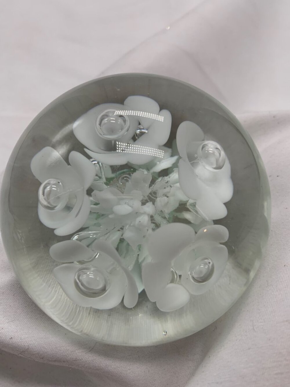 Joe St. Clair 1984 Handcrafted Glass Paperweight White Flowers Bullicante